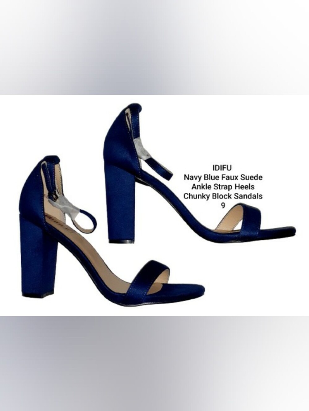 IDIFU Navy Blue Faux Suede Ankle Strap 4in Chunky Block Heel Sandals 9 - Picture 1 of 13